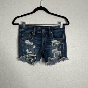 American Eagle Dark Wash High Waisted Distressed Shorts Size 0